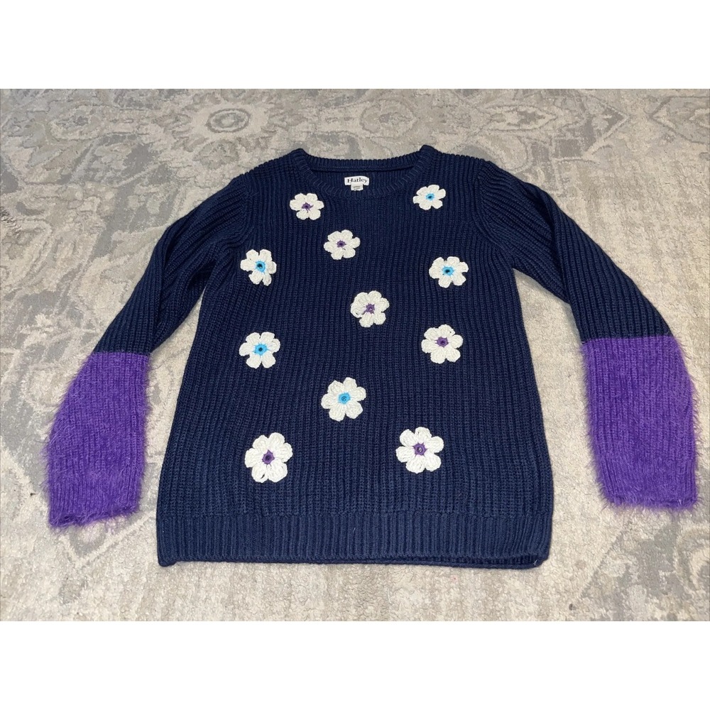 Hatley Girl's Youth Size 8 Navy Blue/ Purple Flowers Sweater Long Sleeve